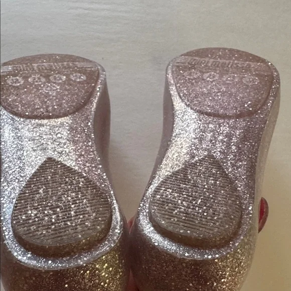 MINI MELISSA Girls 12 Glitter Pink Mary Janes w Bow, Peep Toe & Velcro Sandals - Picture 3 of 6